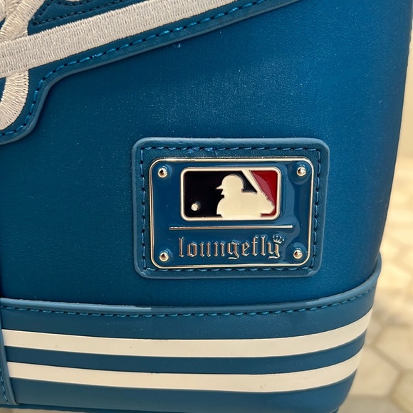 Loungefly MLB LA Los Angeles Dodgers Blue Satin Jacket Convertible Mini Backpack - Picture 7 of 11